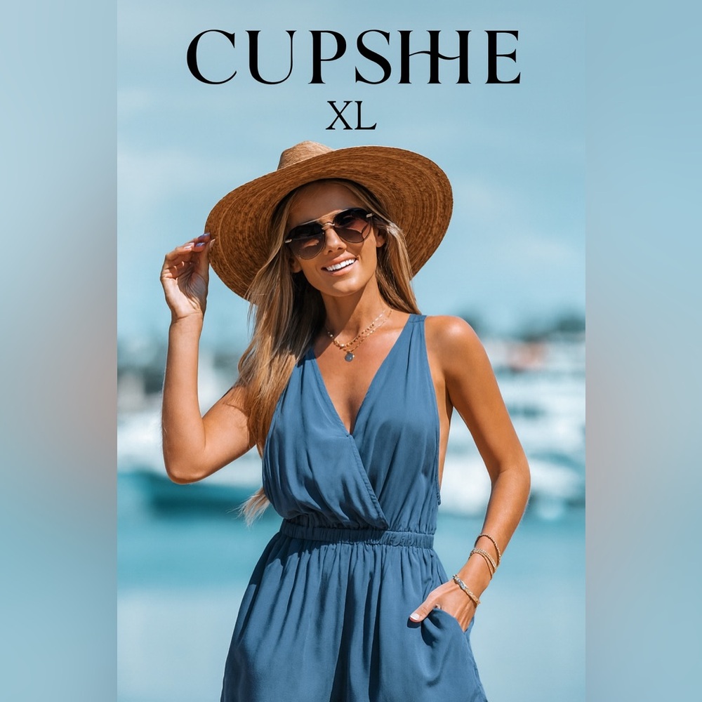 NWT Cupshe Blue Romper XL | Sleeveless V-Neck Beach Cover-Up Jumpsuit